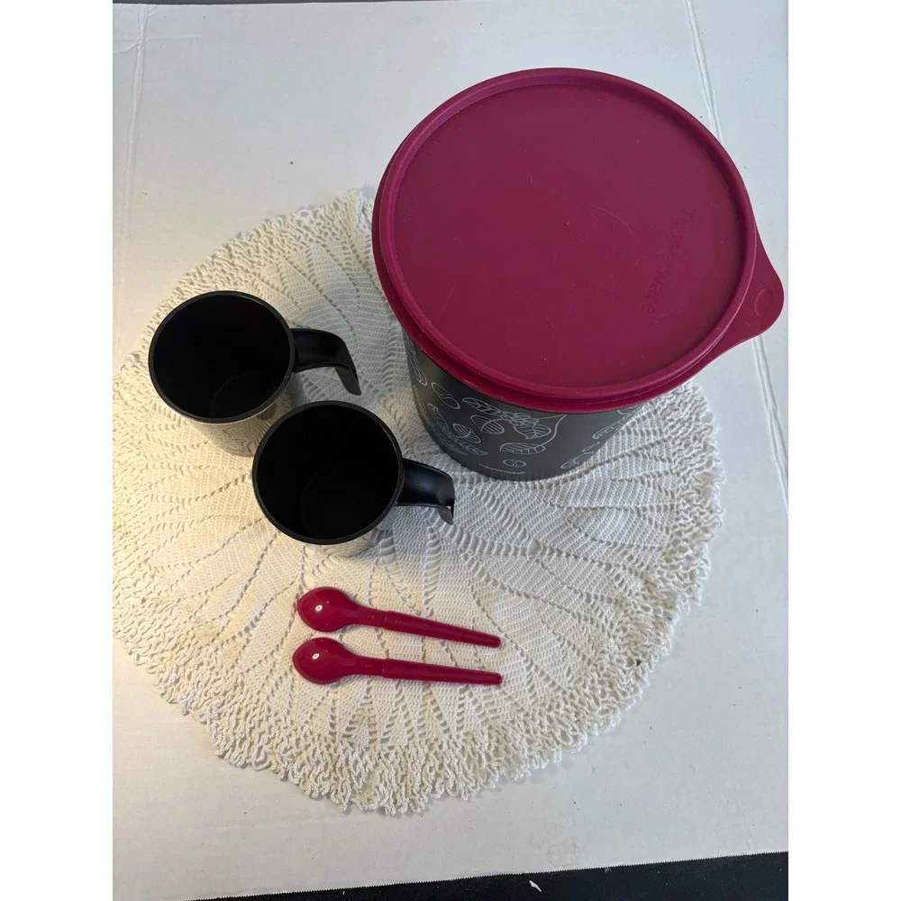 Tupperware MCM Coffee Canister Set Black Magenta Pink Mugs Spoons 5 Piece Set